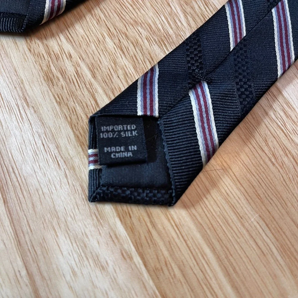 Jos‎ A Bank Mens Silk Tie Black Burgundy White Stripe Business Formal